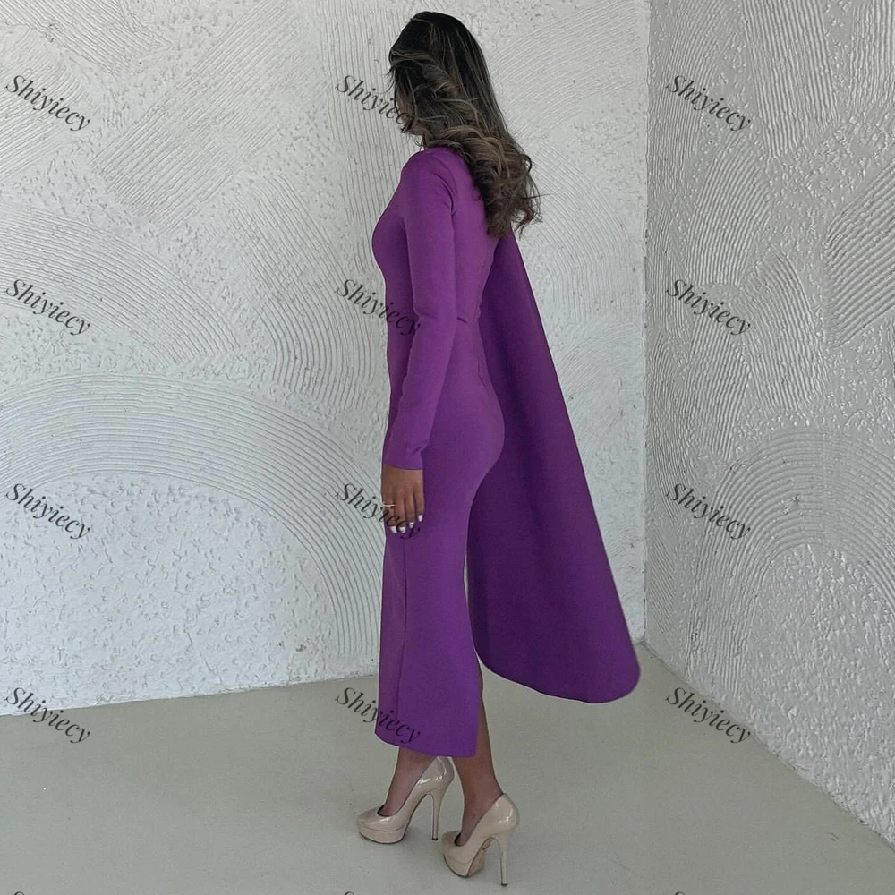 Purple Sheath Jersey Formal Evening Dress Saudi Arabia Minimalist Long Sleeves Prom Gowns O-Neck Special Occasion Dress 2024