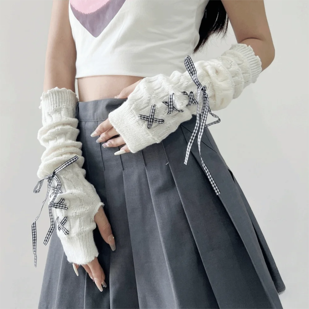 

Модные длинные теплые перчатки, морозостойкие с лентой, теплые вязаные перчатки без пальцев с рукавами для женщин