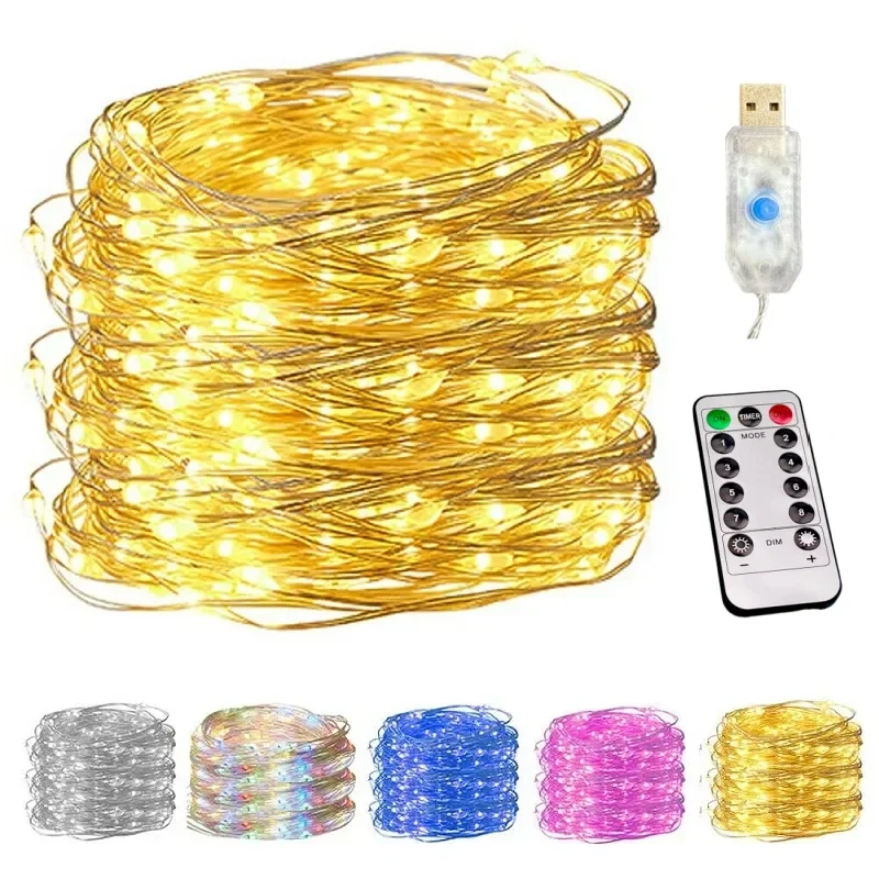 Cadena de luces de alambre de cobre, luces de hadas USB con control remoto, 8 modos, impermeable, decoración navideña, Año Nuevo, 100/200led