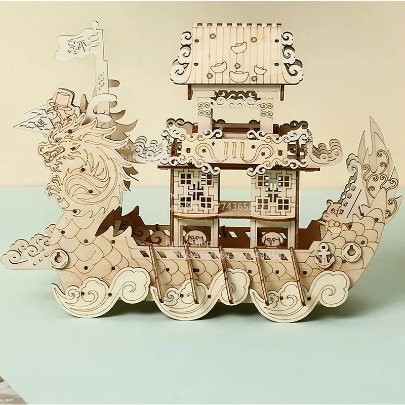 Wood Dragon Boat Stereo Model Chinese Traditional Festival Decor Kids Learning Craft Birthday Gift