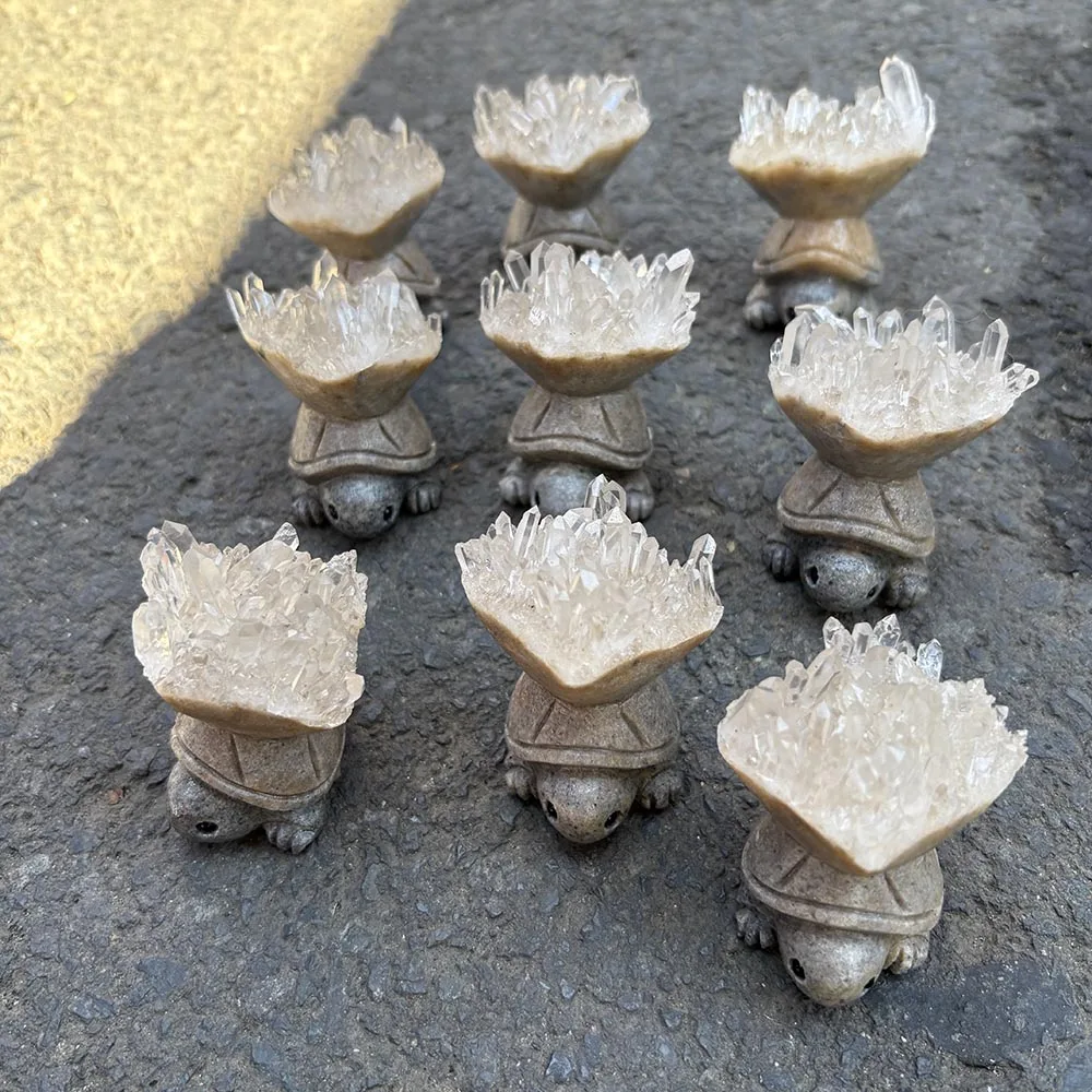Natural Crystal Cluster Turtle Figurine - Gemstone Raw Mineral Tortoise Statue Tabletop Decor for Energy Healing and Feng Shui