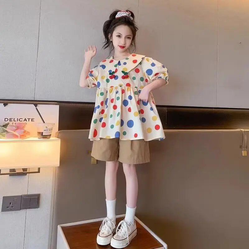 New Summer GirlsCotton Suit Korean High Street Fashion Kids Cute Dress Shorts 2 Piece Set High Quality Children's Set 2024