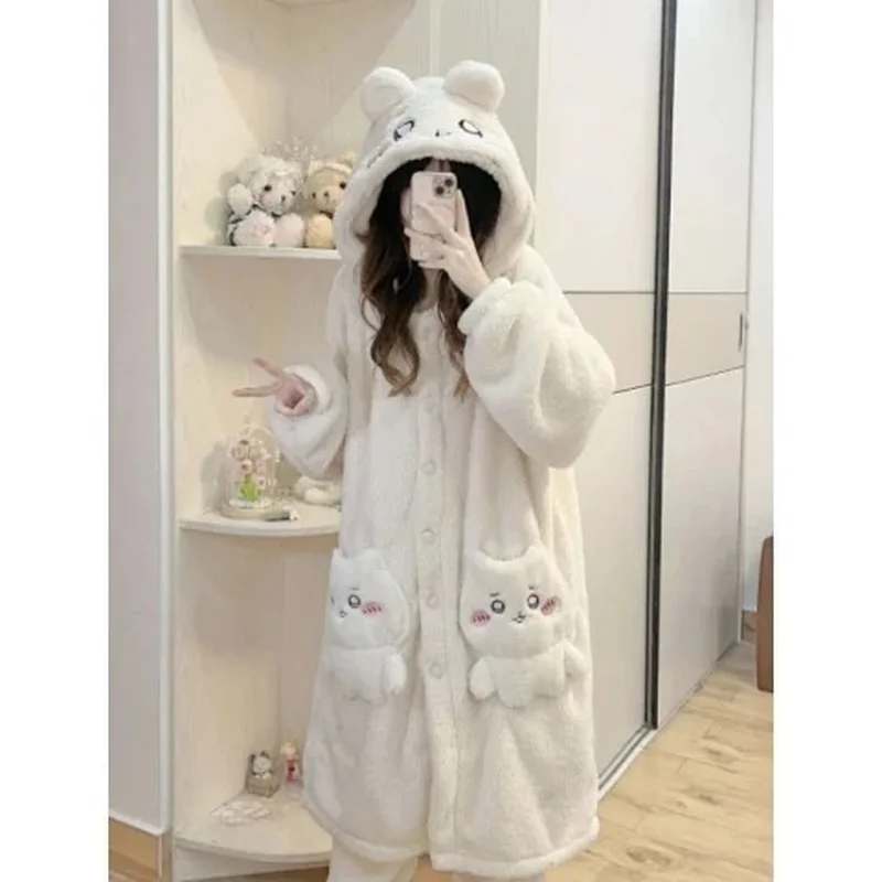 M-Xxl Miniso Chiikawa Coral Velvet Pajama Women'S Autumn And Winter New Cute Hooded Plush Pajama Sleeping Pants Home Sets ﻿