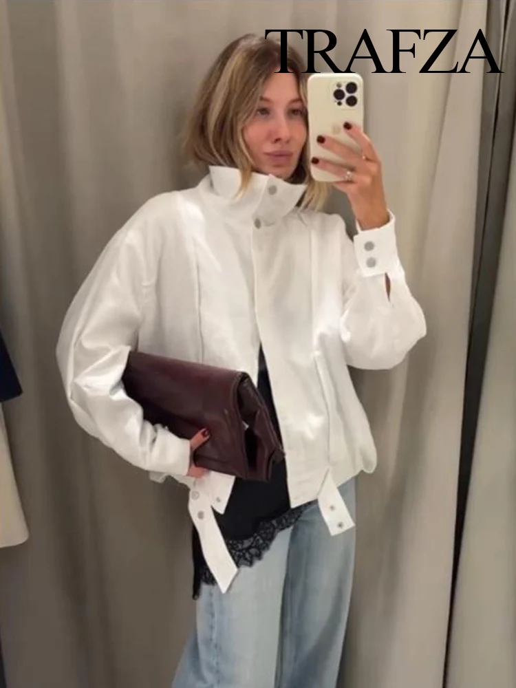 

TRAFZA Female Autumn Fashion Vintage White High Collar Single-Breasted Lapel Coats+High Street Casual Pleated Wide Leg Pant Suit