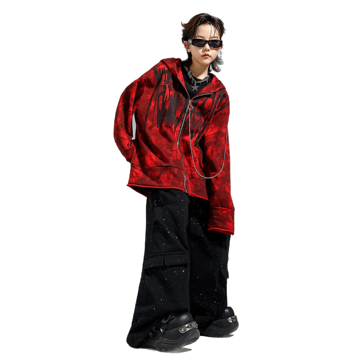 Kids Hip Hop Dance Clothes Boys Red Hooded Coat Green Pants Autumn Winter Street Dance Outfit Long Sleeves Jazz Costume
