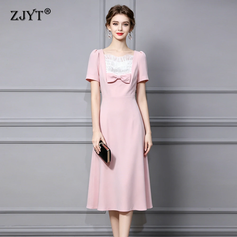 

Модное летнее повседневное платье ZJYT 2026 для женщин: элегантное, с коротким рукавом, квадратным вырезом, бантом и пэчворком, нежно-розовое, миди, Vestidos