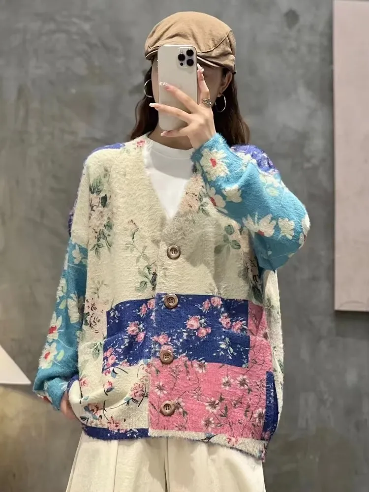 Amax luluE 冬の女性のファッションプリントルーズカーディガンレディース高級花レジャーセータークラシック V ネックビッグサイズニットウェア