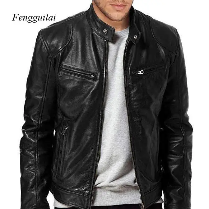 

Premium Black Leather Racer Jacket Men's Stand Collar Genuine Leather Moto Jacket with Zipper Detailing, Classic Biker Outerwear