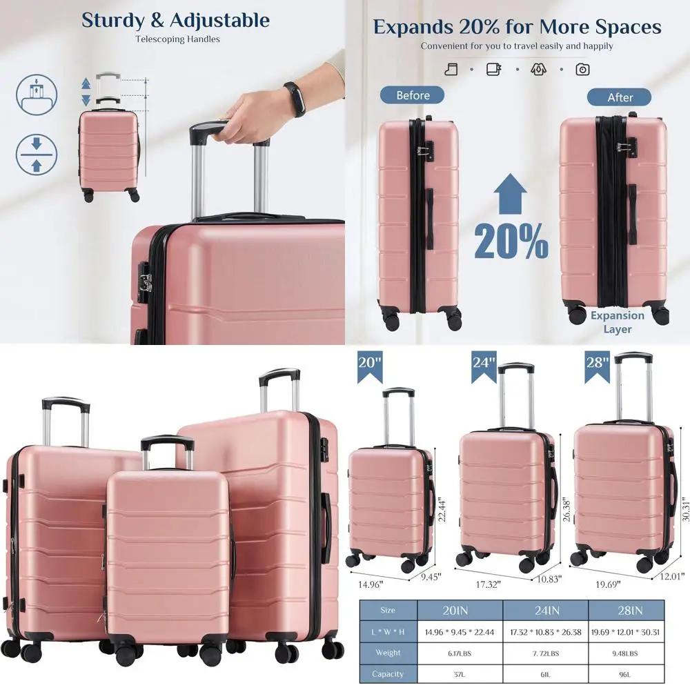 

Pink TSA-Lock 3-Piece Expandable Spinner Luggage Set - 20/24/28 Inch Lightweight Hardshell Suitcases