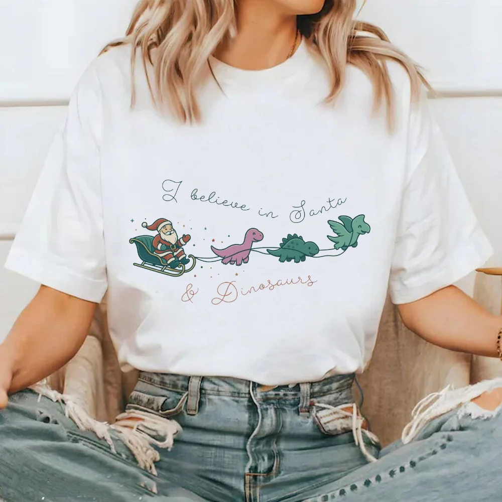 

Santa Claus Dinosaur Pattern Printed Women's Short Sleeved Casual Cartoon O-Neck Top Harajuku Cute Printed Fun New Year T-Shirt
