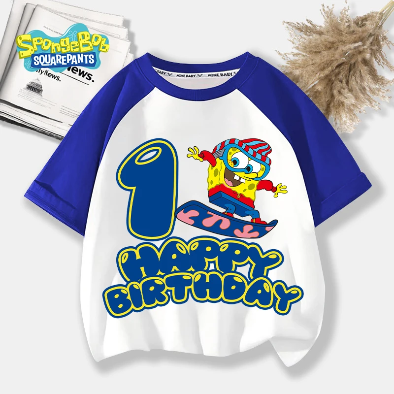 

SpongeBobed SquarePants Children Birthday T-shirt 1-9 Years Old Kawaii Anime Figures Short Sleeve Summer Home Clothing Top Tee