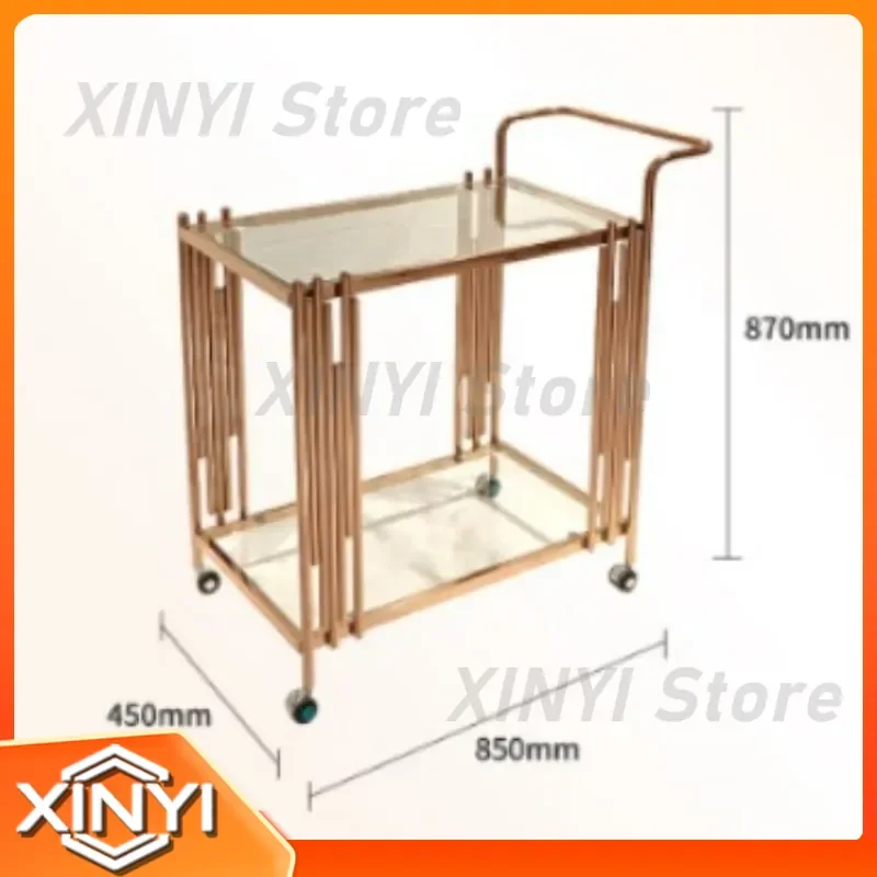 Light Luxury Stainless Steel Dining Cart for Hotel Restaurant Service Food Delivery Wine Cart Metal Tempered Glass Double