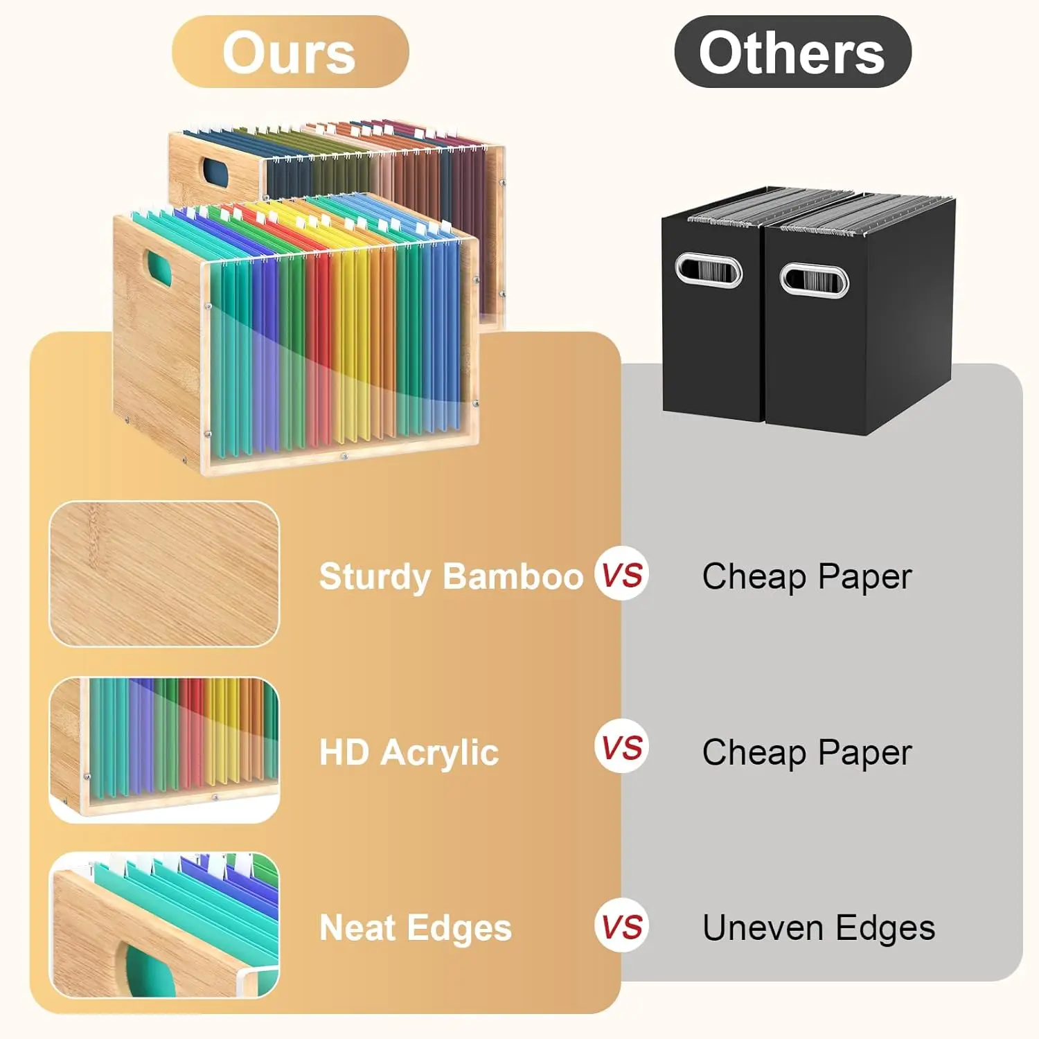 Clear Acrylic and Bamboo Hanging File Organizer, Portable Storage Box for Letter Size Documents