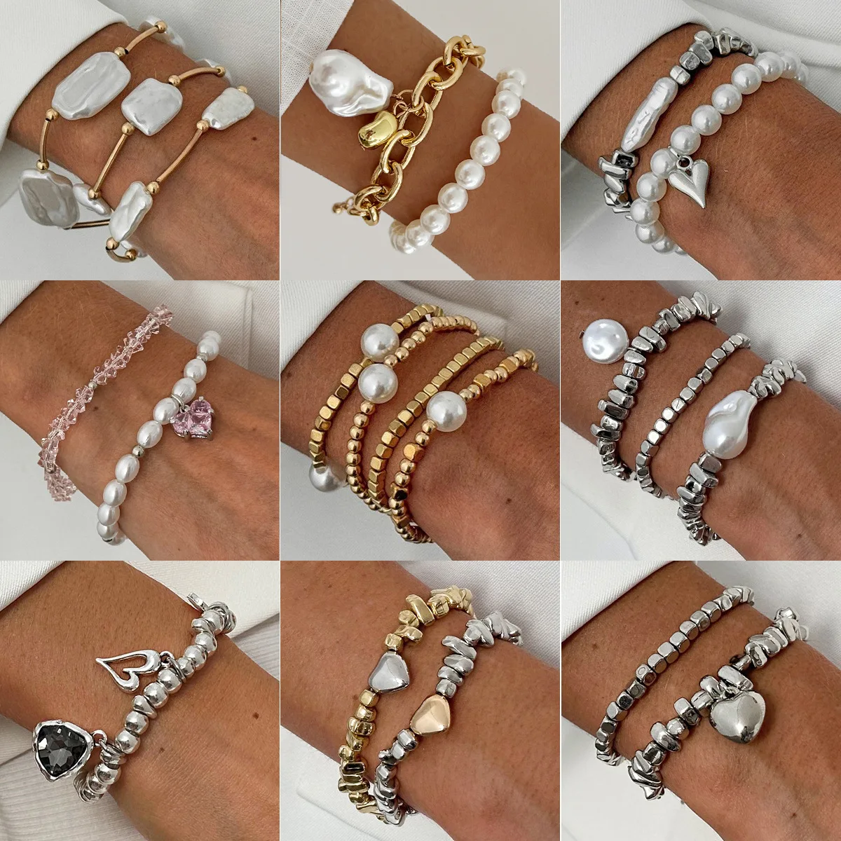 Cross-border baroque special-shaped imitation pearl beaded bracelet fashion gravel flash diamond love pendant elastic bracelet