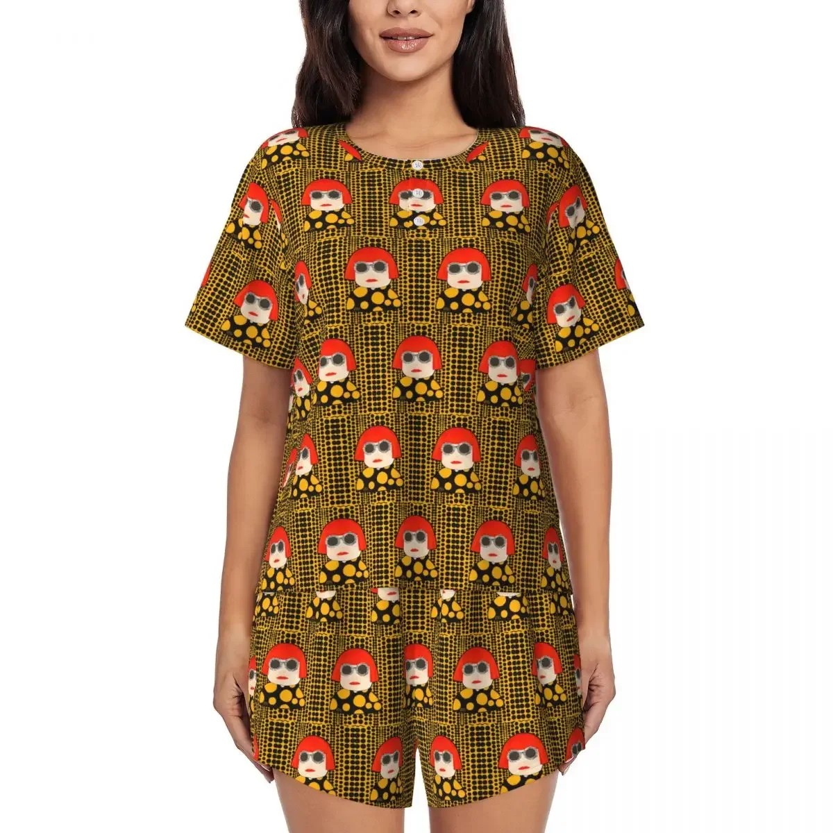

Yayoi Kusama Abstract Painting Round Neck Short Sleeve Nightgowns for Sleeping Sleepshirts Women Soft Pajama Set Short Pants