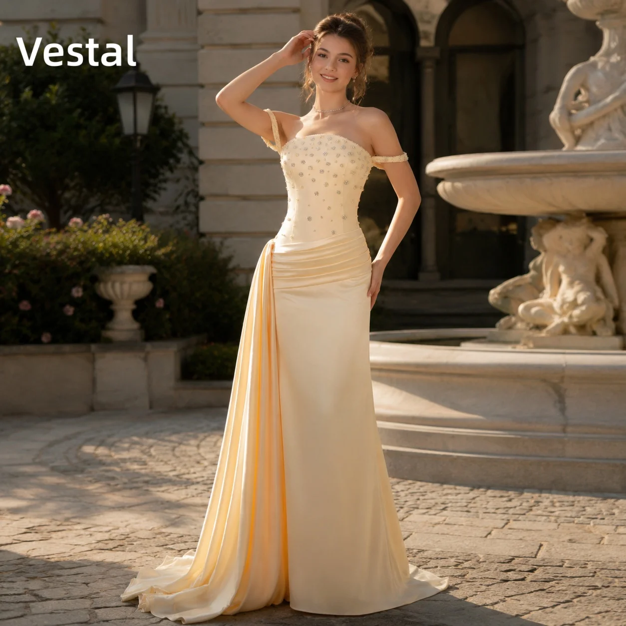 

Light Yellow Beaded Prom Dress Off Shoulder Formal Evening Dress Satin Pleated Train Party Gown Customized