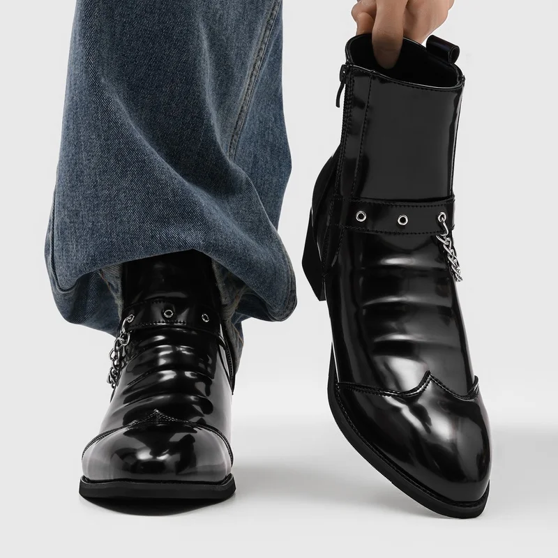 Popular Men Chain Chelsea Boots with Buckle Decoration Pleated Pointed Personality Punk Style High-end Feel Street Fashion Boots
