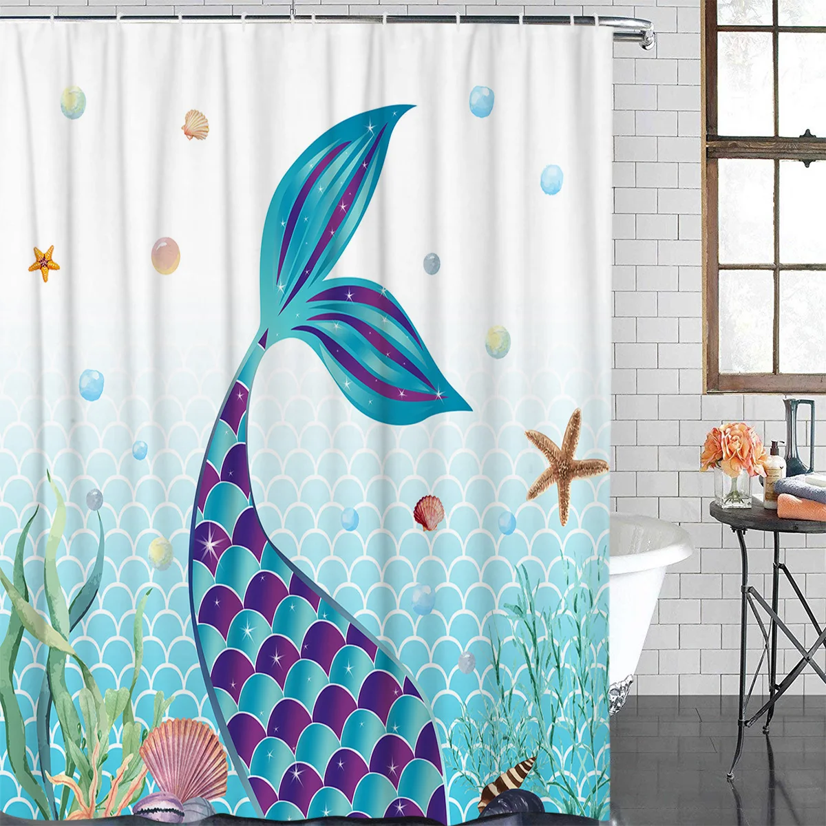 Mermaid Tail Ocean Coral Shell Starfish Waterproof Bathroom Decoration Shower Curtain Printed Bath Curtains Bathroom Accessories