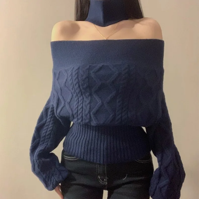 

ort oulder Bared Knitted Sweater Women's Sle Autumn Winter Faion Slim Fit Waist Cinched One oulder Design Top