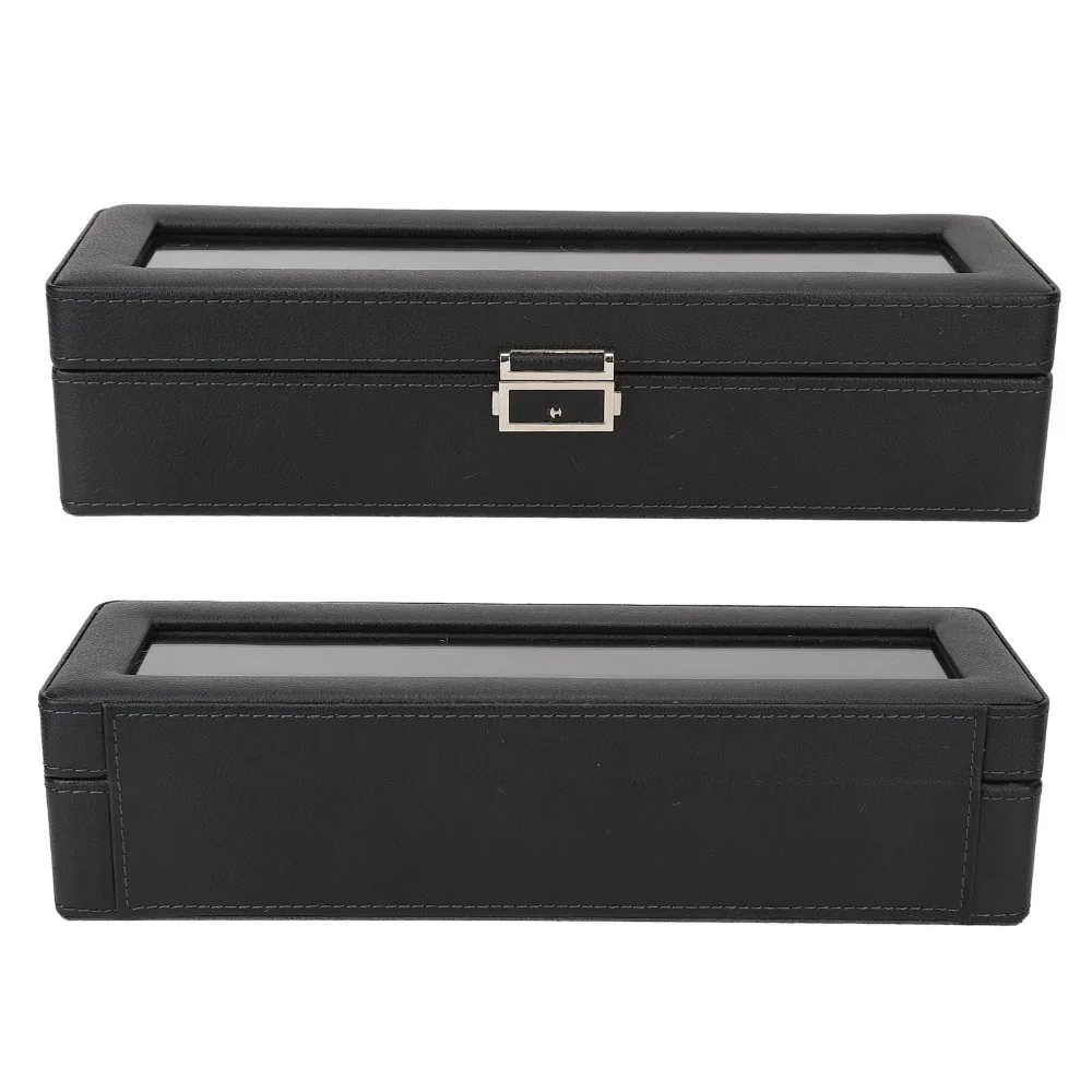 PU leather, flannel, acrylic. 6 Slots Watch Storage Box Black 33.5*9*19.5cm Single Layer Watch Jewelry Case