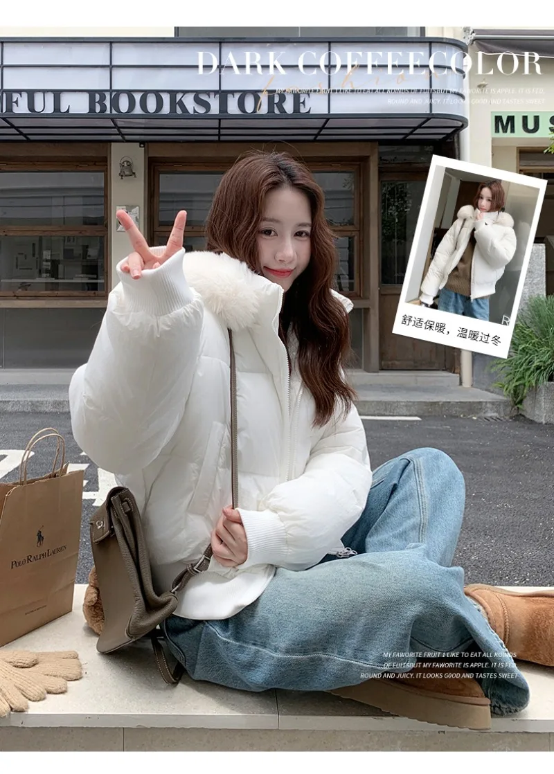 厚手の暖かいパーカーショートダウンジャケット大きな毛皮の襟フードカジュアル無地作業服コートシックなストリートウェアロパインヴィエロムヘール