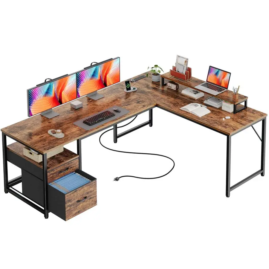 

63 Inch L Shaped Desk with Power Outlets and USBC Port, Computer Corner Home Office Desk with File Fabric Drawers a Customizable