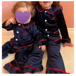 Set per fratelli Pjs Pigiama natalizio per bambini coordinato per la famiglia Vestiti per bambini Set di pigiami in velluto blu scuro per ragazzi e ragazze