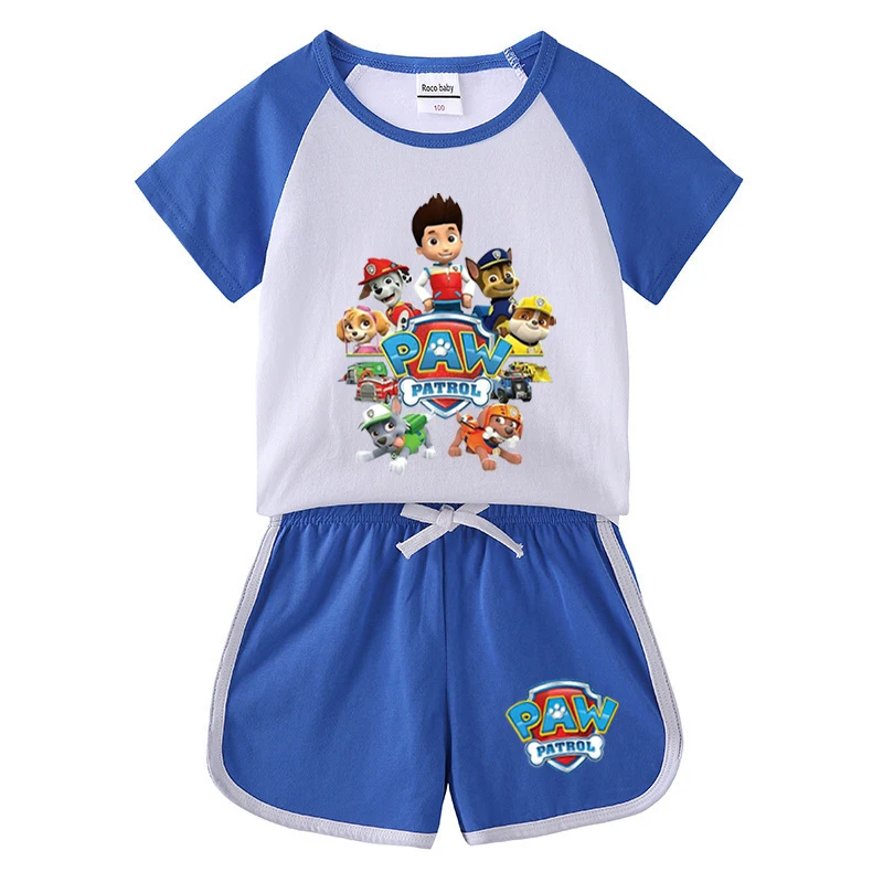 Vêtements d\'été pour garçons, tenue imprimée dessin animé PAW Patrol, t-shirt à manches courtes + short, 2 pièces, nouvelle collection 2024