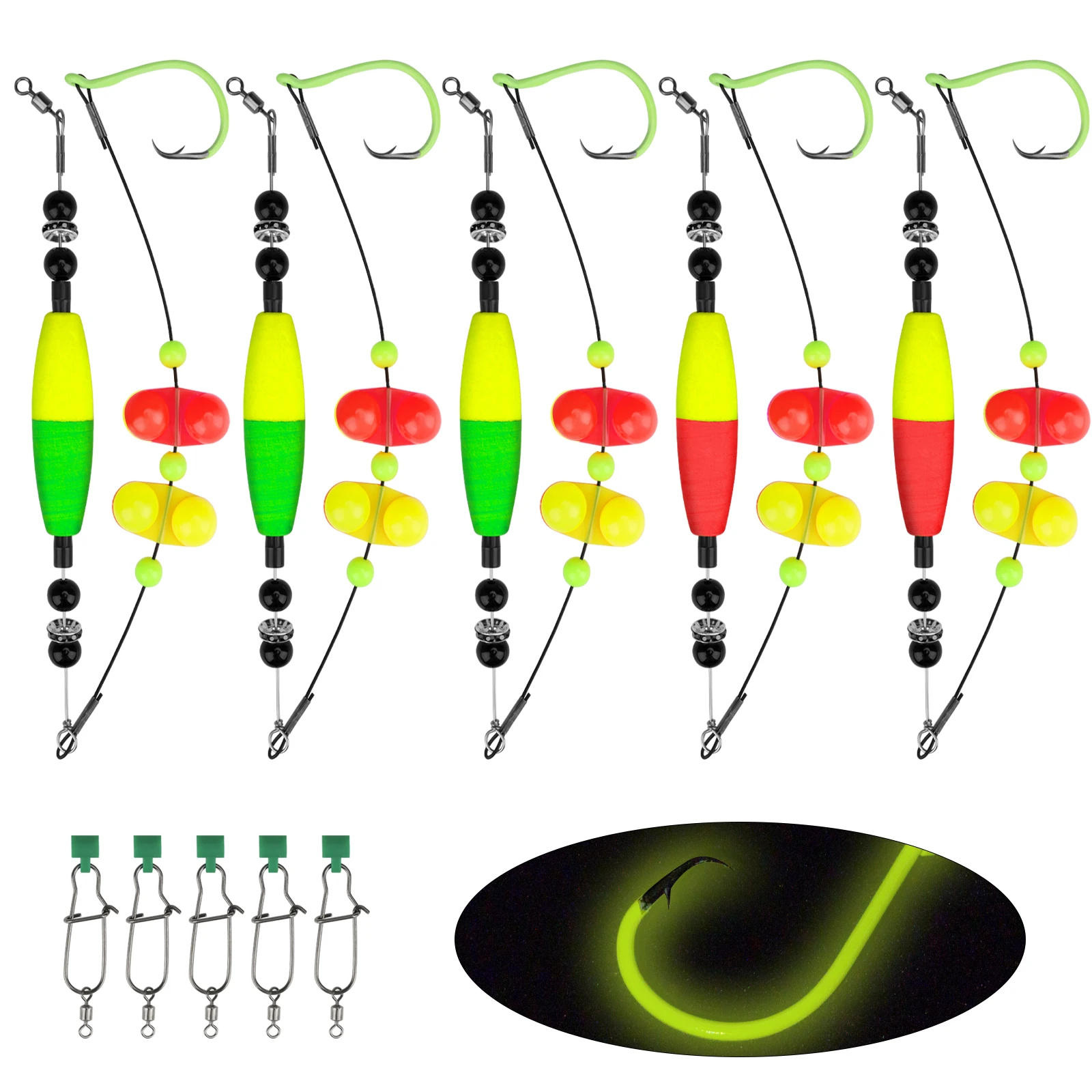 

THKFISH 5pcs Catfish Float Rigs with Hook Fishing Slip Bobbers Rattle Beads Line EVA Foam Catfish Floats Fishing Accessories