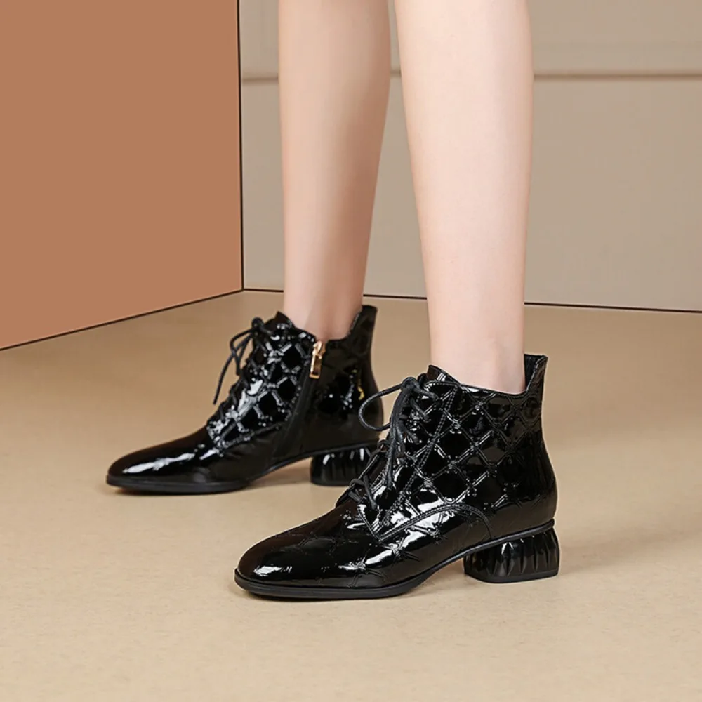 2024 New Women\'s Ankle Boots Round Toe Lace-up Flat Heels Short Boots Patent Leather Black Brown Large Size Women Boots