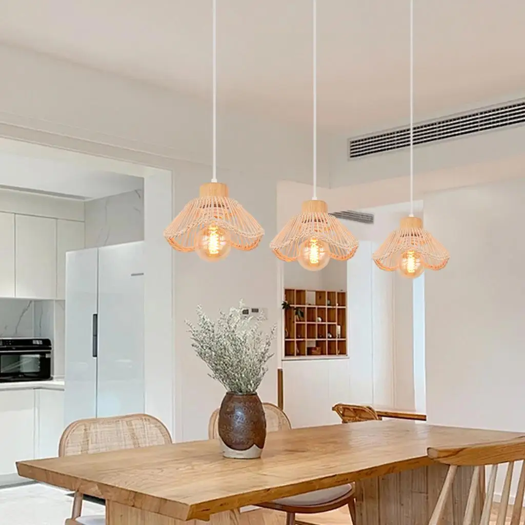 Hand-Woven Bamboo Rattan Chandelier Vintage Wood Pendant Light Wicker Hanging Lamp Ceiling Chandelier for Living Room Bedroom