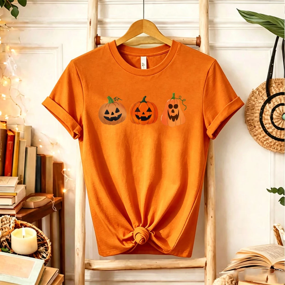 Cute Three Pumpkin Jack‑o‑Lantern Graphic T‑Shirt Men Women Classic Halloween Pumpkin Face Autumn Fall Holiday Casual Party Tops