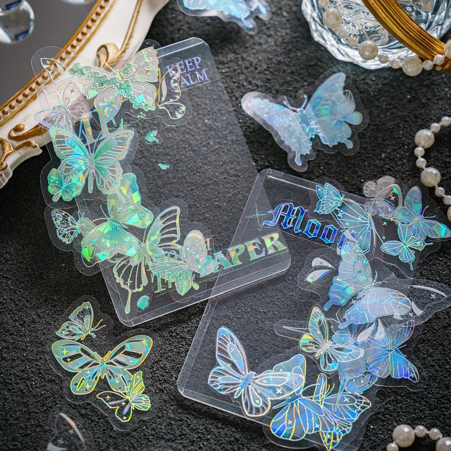 40 Pcs Ice Crystal Butterfly PET Stickers for Laser Silver Handbook DIY Collage Material Decoration Label Album Scrapbooking