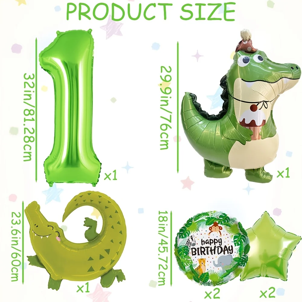 7pcs Crocodile Star Foil Balloons 32 Inch Fruit Green Number 1-9 Balloon Set Animal Theme Birthday Party Decoration Supplies