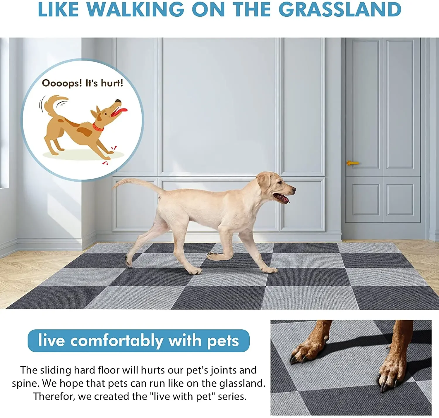 Self Adhesive Carpet Square Mat Tile Non-Slip Treads Mat for Dogs and Pets Removable Washable Step Rugs Floor Protection