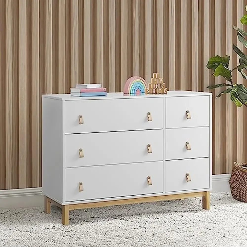 6 Drawer Dresser with Leather Pulls Interlocking Drawers GreenGuard Gold Certified Bianca White/Natural Child Safe Eco-friendly