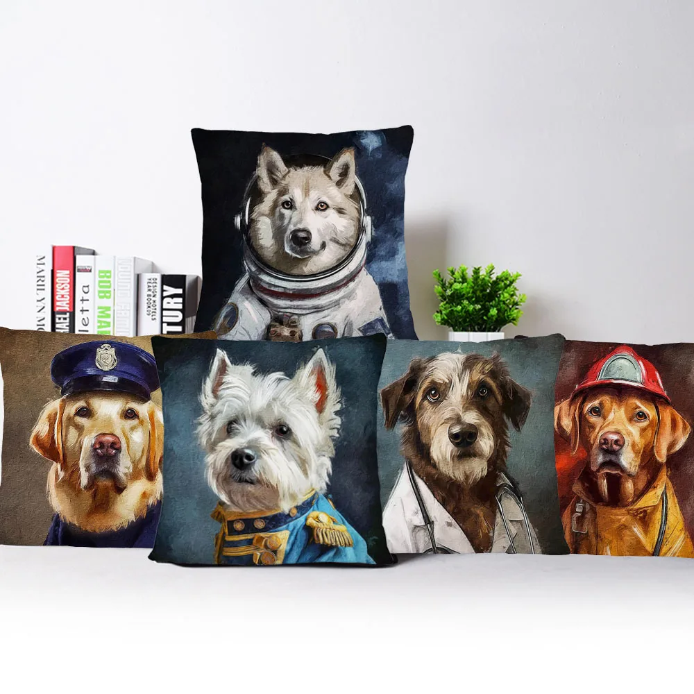 European Retro Dog Animals Police Astronaut Doctor Custome Cushion Cover Labrador Pug Schnauzer Decorative Pillow Case