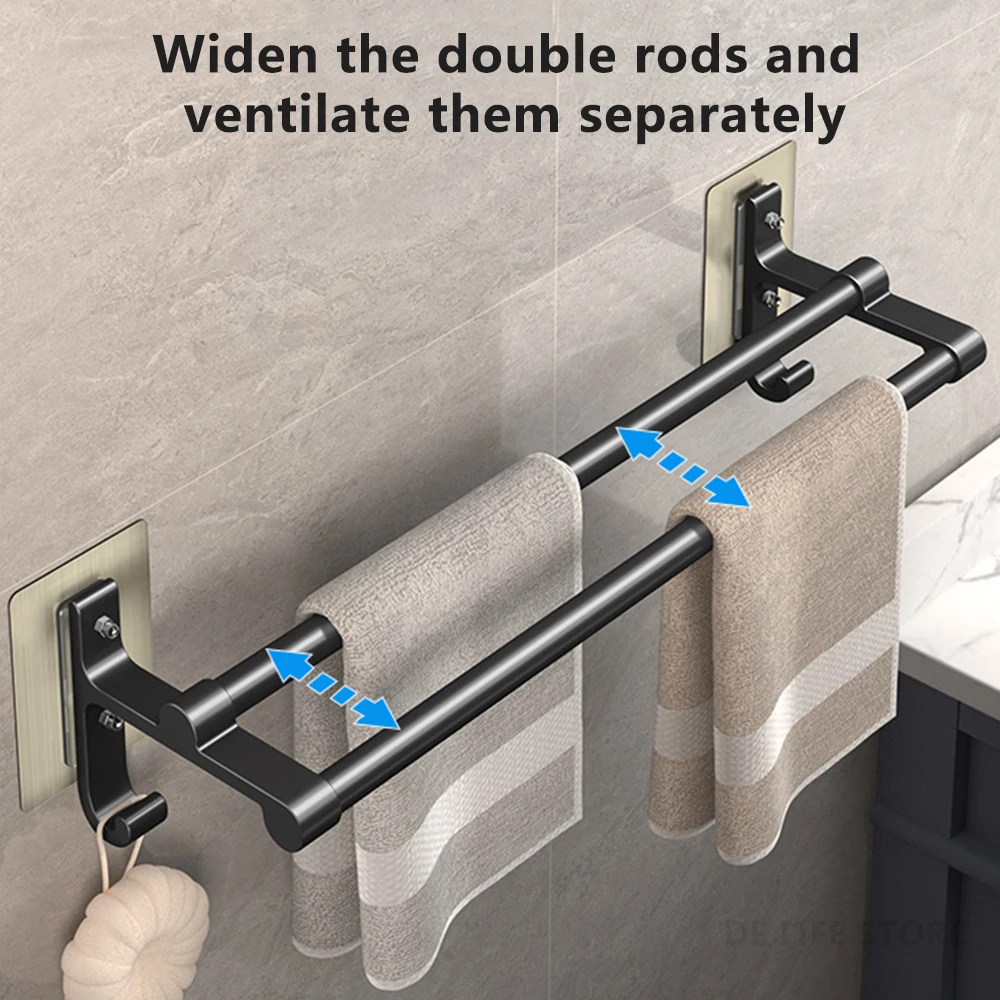 Self-Adhesive Bathroom Towel Rack With Double Rod Space Aluminum Towel Holder Without Drilling Bath Hanger Bathroom Accessories