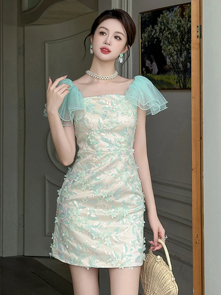 แฟชั่นฤดูร้อนลูกไม้เลื่อมดอกไม้วันหยุดชุดราตรีเสื้อผ้าผู้หญิงสาวหวานเซ็กซี่แขนฟอง Slim Party Prom Vestidos