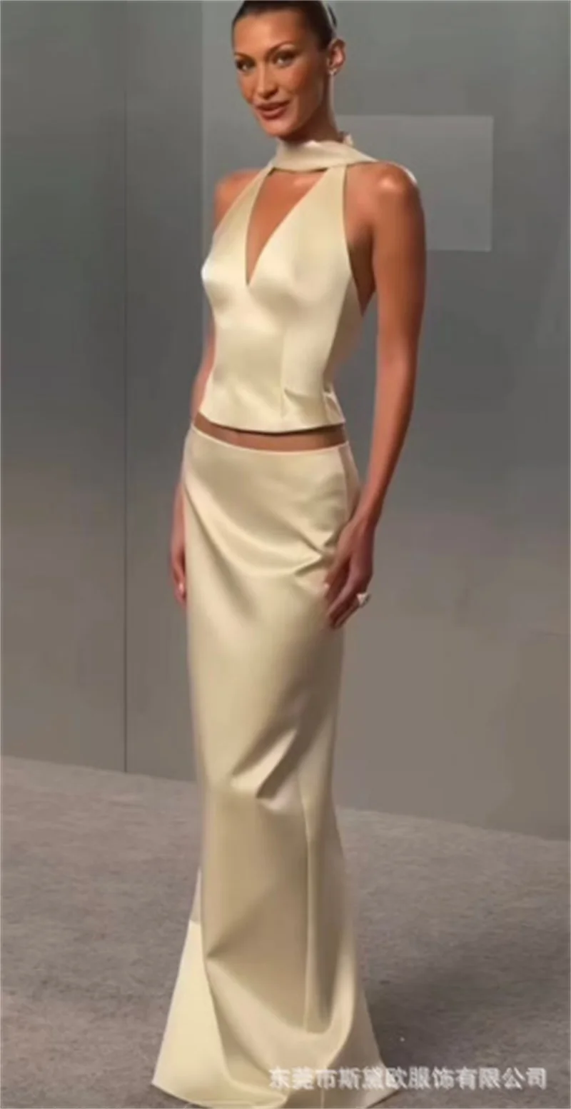 Sexy Beige Satin Prom Dress With Scarf Sleeveless Backless 2 Pcs Skirt Set Party Gown Formal Wedding Guest Birthday Evening Robe view 2