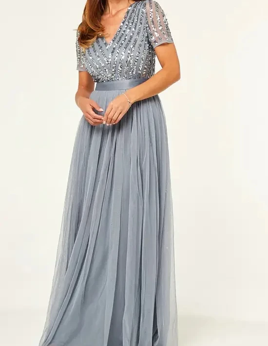 

New Ladies Sequined Bridesmaid Dress Short Sleeve V-neck Evening Gown Temperament Banquet Skirt Mother Wedding Dress Party