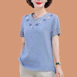 New Summer Women's Solid Colors O-Neck Short Sleeve Loose Plus Size Classic Embroidery Pullovers Vintage Fashion Casual Tops