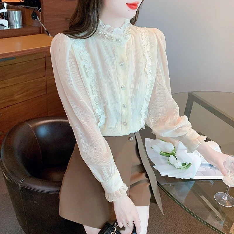 Beading Stand Collar Lace Chiffon Blouse Shirt Women Tops Shirts Blusas Mujer De Moda 2024 Long Sleeve Blouse Women Blusa H259