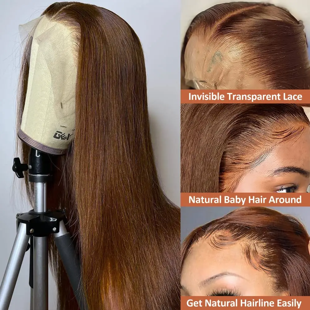 Perucas de cabelo humano coloridas retas para mulheres, castanho chocolate, peruca frontal de renda transparente 13x6 HD, 30 ", à venda