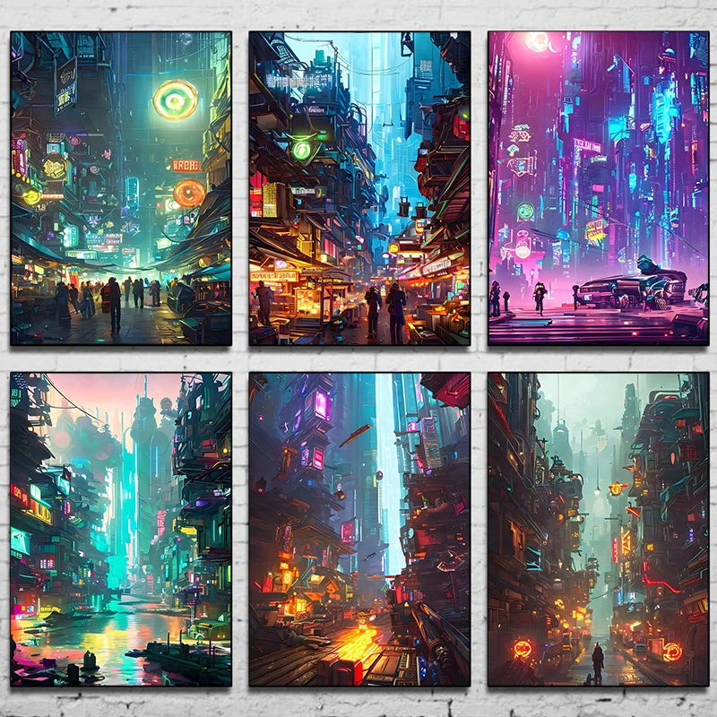Prosperous Cyberpunk City Painting Diamond Poster Future World Wall Art Picture for Living Room Bedroom Modern Home Decor Gift