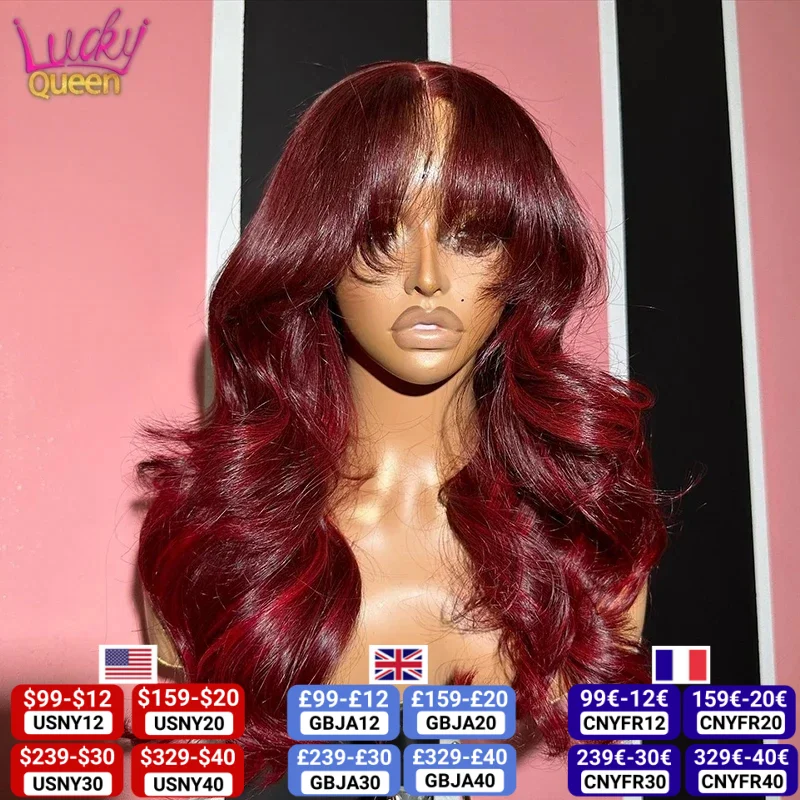 99J Burgundy Body Wave 5X5 Closure Wig with Bangs Human Hair Wig Highlight Red Transparent Lace 13X4 13X6 Frontal Wig for Women