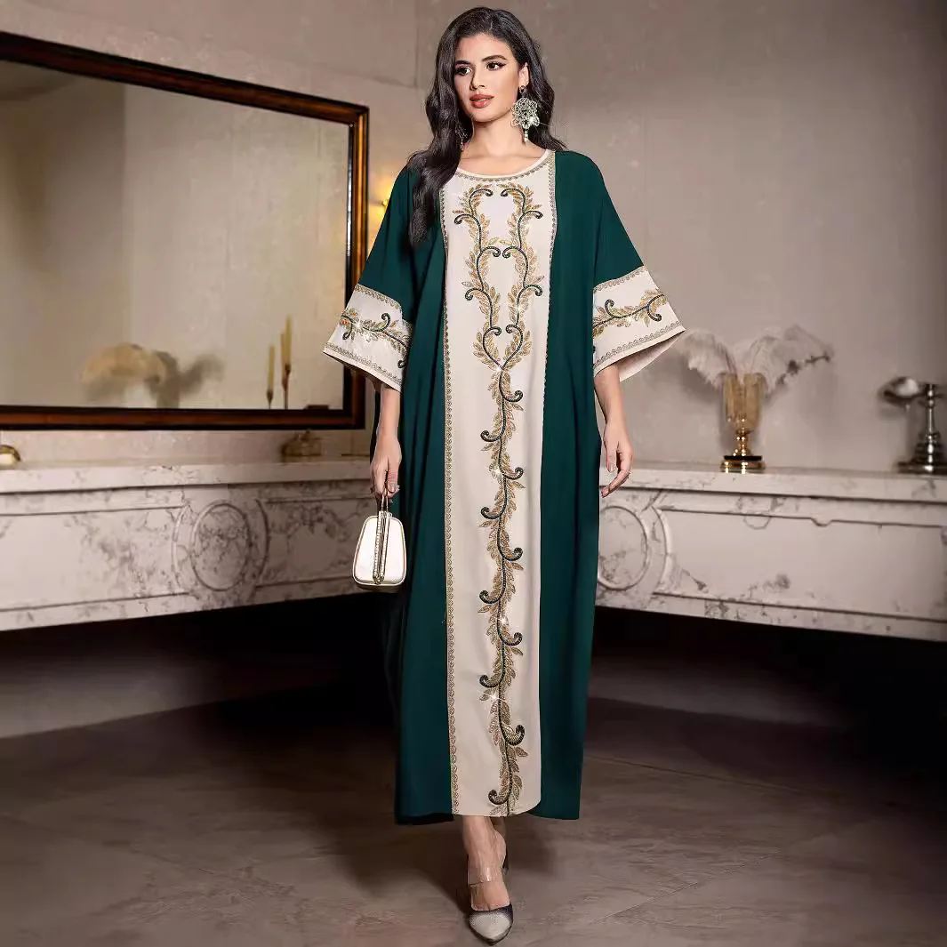 Dark green apricot fashion large size robe rice bead embroidered dress temperament classic luxury simple women's clothing new