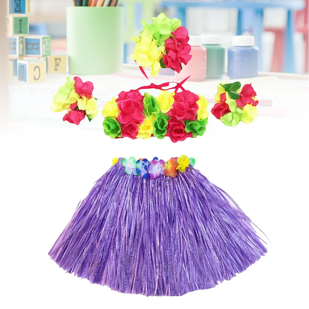 

5 шт., Гавайская тропическая юбка хула с травой, комплект 40 см, фиолетовый эластичный пояс, бюстгальтер с цветочным принтом, браслеты с цветами, повязка на голову, товары для вечеринок