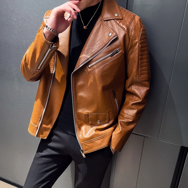 Business High Quality Casual Cardigan Tops Men Warm Waterproof Lapel Basic Coat Spring Autumn New Cool Motorcycle Leather Jacket