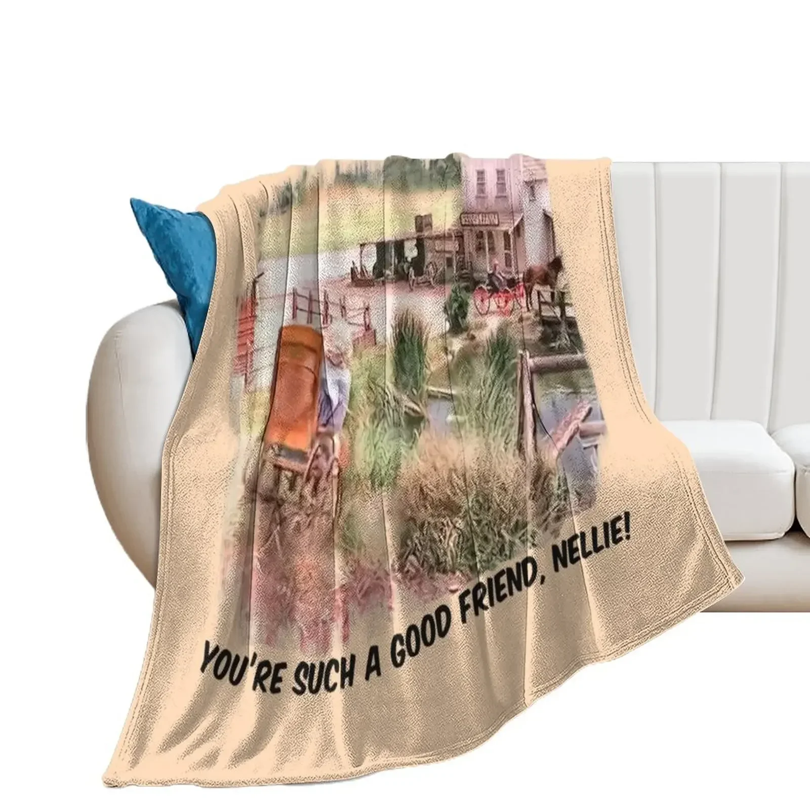 Little House on the Prairie Nellie Wheelchair scene. Black Lettering Throw Blanket Flannel Fabric Shaggy Hair Blankets